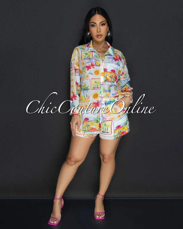 Kaya Multi Beach Print Buttoned Shirt & Shorts Set-- Chenille Fabric Brocade Fabric Lace Fabric Kaya Multi Beach Print Buttoned Shirt & Shorts Set-- Chenille Fabric Brocade Fabric Lace Fabric