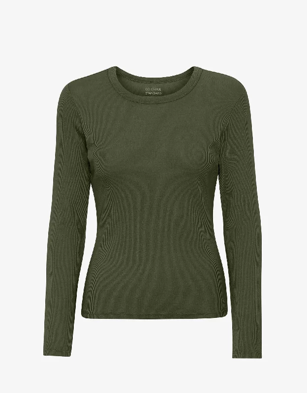 Women Organic Rib LS T-Shirt - Seaweed Green-- Print Jacquard Patchwork