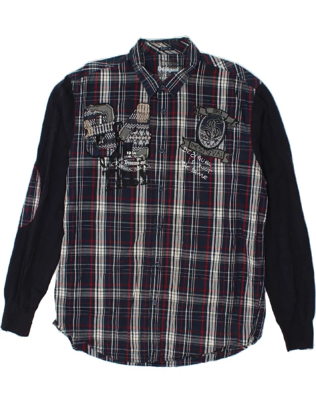 DESIGUAL Mens Regular Fit Shirt 2XL Navy Blue Check Cotton-- Denim Fabric Leather Fabric Suede Fabric DESIGUAL Mens Regular Fit Shirt 2XL Navy Blue Check Cotton-- Denim Fabric Leather Fabric Suede Fabric