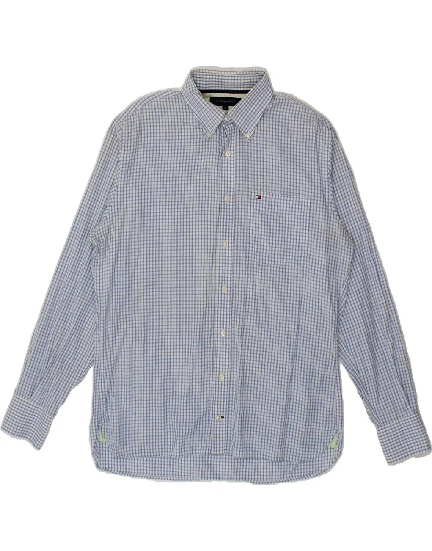 TOMMY HILFIGER Mens Shirt Medium Blue Check Cotton-- Satin Blend Silk Blend Wool Blend TOMMY HILFIGER Mens Shirt Medium Blue Check Cotton-- Satin Blend Silk Blend Wool Blend