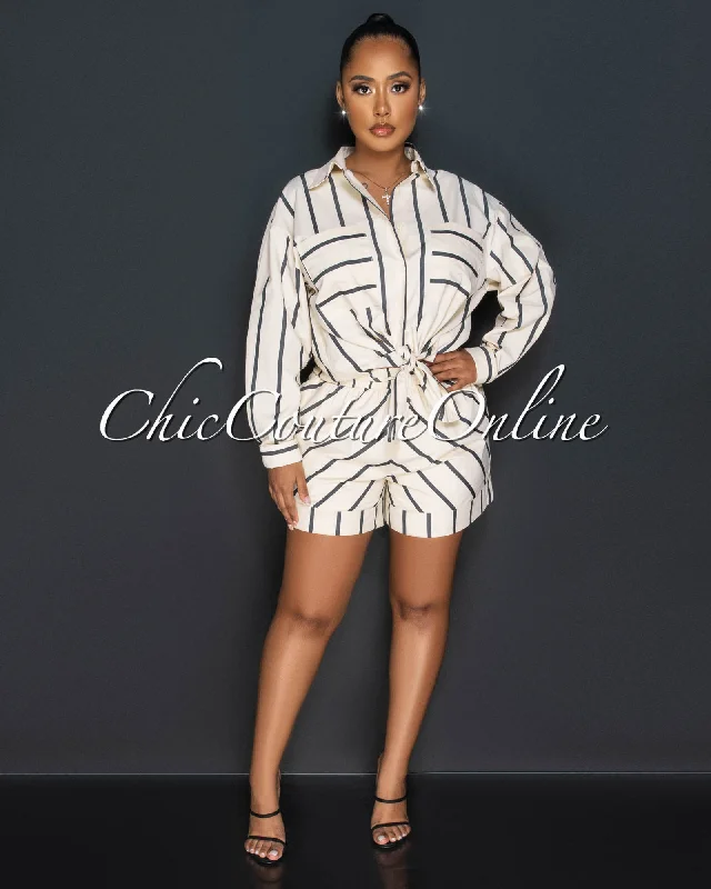Giona Nude Black Stripes Buttoned Shirt & Shorts Set-- Houndstooth Herringbone Solid Giona Nude Black Stripes Buttoned Shirt & Shorts Set-- Houndstooth Herringbone Solid