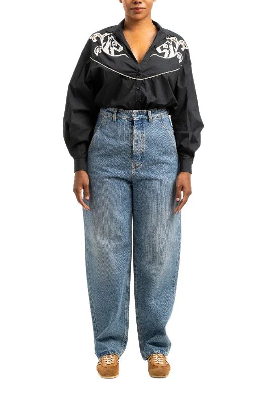 Western Embroidered Shirt-- Notch Collar Peter Pan Collar Cowl Neck