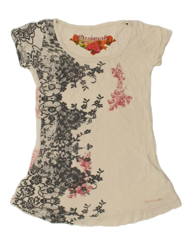 DESIGUAL Womens Graphic T-Shirt Top UK 12 Medium Off White Floral-- Ribbed Striped Patterned DESIGUAL Womens Graphic T-Shirt Top UK 12 Medium Off White Floral-- Ribbed Striped Patterned