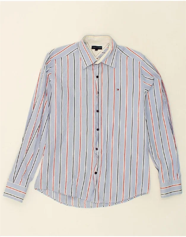 TOMMY HILFIGER Mens Shirt Large Blue Striped Cotton-- Houndstooth Herringbone Solid