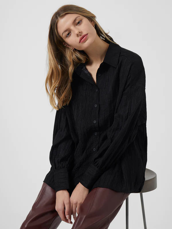 French Connection Elkaa Crinkle Suedette Popover Shirt-Black-72TBL-- Notch Collar Peter Pan Collar Cowl Neck French Connection Elkaa Crinkle Suedette Popover Shirt-Black-72TBL-- Notch Collar Peter Pan Collar Cowl Neck