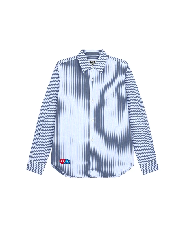 Invader Striped Button Down Shirt - Blue-- Satin Fabric Silk Fabric Chiffon Fabric