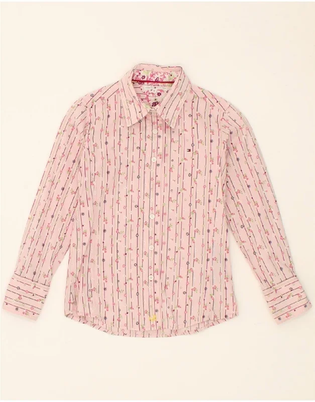 TOMMY HILFIGER Girls Shirt 7-8 Years Pink Floral Cotton-- Ribbed T-Shirt High Neck Heavyweight