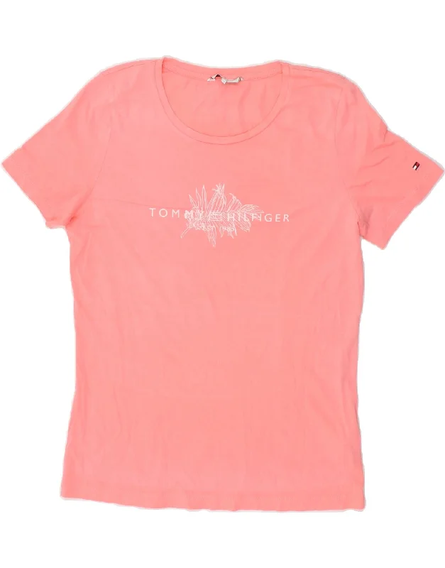 TOMMY HILFIGER Womens Graphic T-Shirt Top UK 10 Small Pink Cotton-- Silk Blend Satin Velvet TOMMY HILFIGER Womens Graphic T-Shirt Top UK 10 Small Pink Cotton-- Silk Blend Satin Velvet