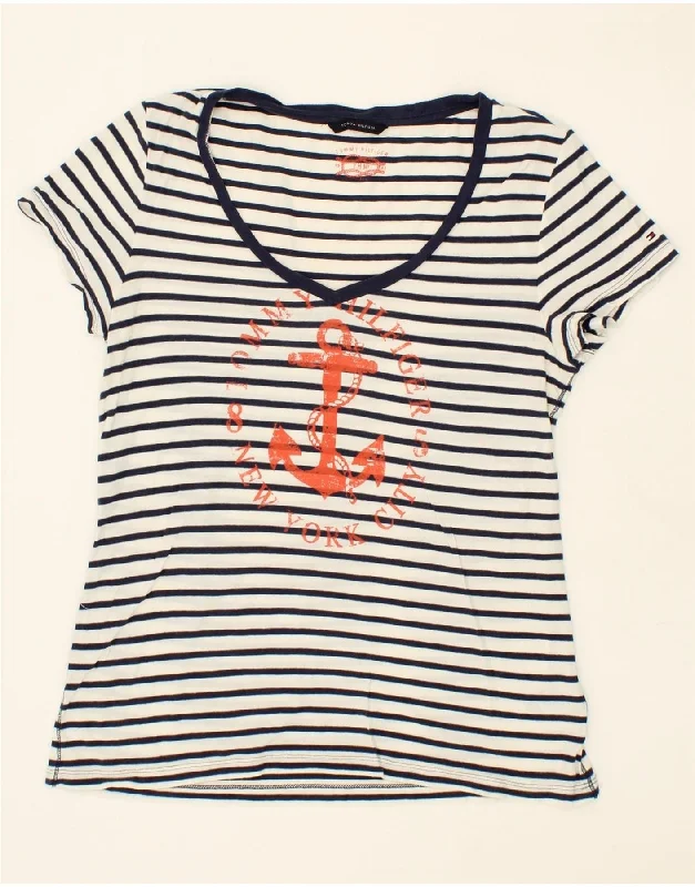 TOMMY HILFIGER Womens Graphic T-Shirt Top UK 18 XL White Striped Cotton-- Collared Crew Neck Turtle Neck TOMMY HILFIGER Womens Graphic T-Shirt Top UK 18 XL White Striped Cotton-- Collared Crew Neck Turtle Neck