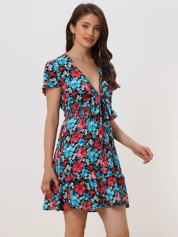 Floral Deep V Neck Tie Knot Smocked Tiered Ruffle Mini Dress Trendy Floral Mini Dress Floral Deep V Neck Tie Knot Smocked Tiered Ruffle Mini Dress Trendy Floral Mini Dress