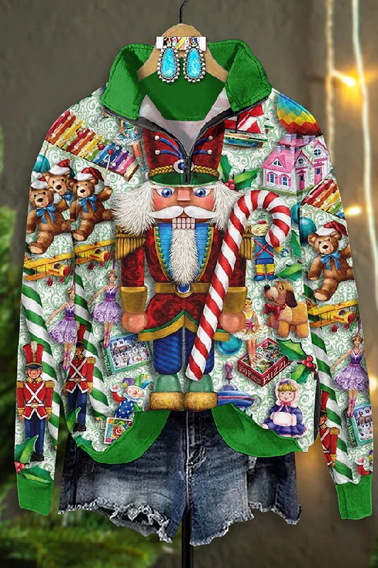 Vintage Christmas Nutcracker Print Zip-Up Sweatshirt Hoodie with Mock Neck Collared Structured Vintage Christmas Nutcracker Print Zip-Up Sweatshirt Hoodie with Mock Neck Collared Structured