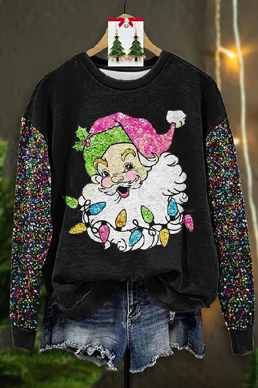 Shiny Sequin Sleeve Santa Print Sweatshirt Hoodie with Contrast Stitching Detailed Premium Shiny Sequin Sleeve Santa Print Sweatshirt Hoodie with Contrast Stitching Detailed Premium