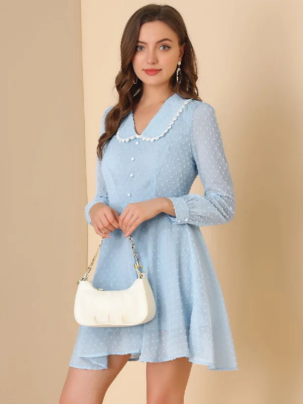 Peter Pan Collar Crochet Trim Long Sleeve Swiss Dots Retro Mini Dress Cozy Cotton Mini Dress Peter Pan Collar Crochet Trim Long Sleeve Swiss Dots Retro Mini Dress Cozy Cotton Mini Dress
