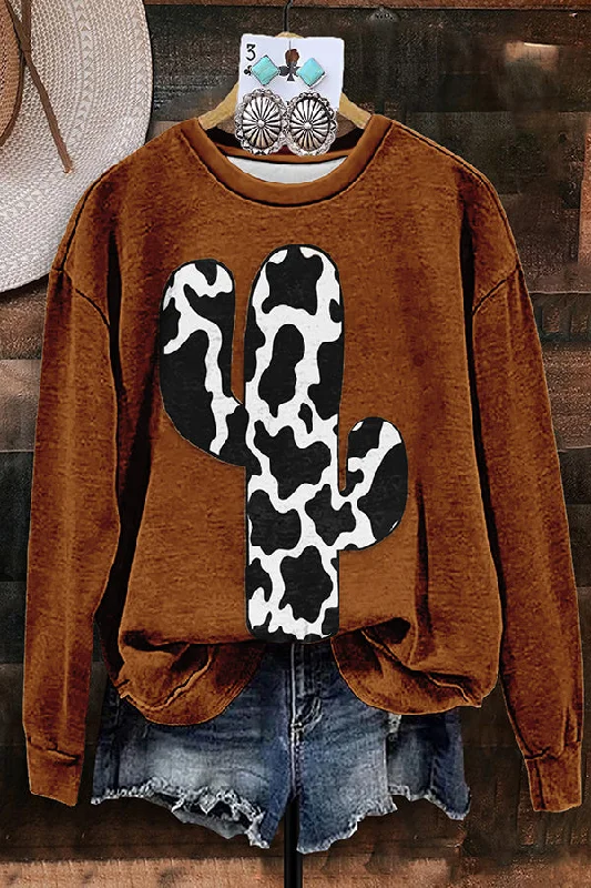 Vintage Cow Cactus Print Sweatshirt Hoodie with Strings Custom Fit Adjustable