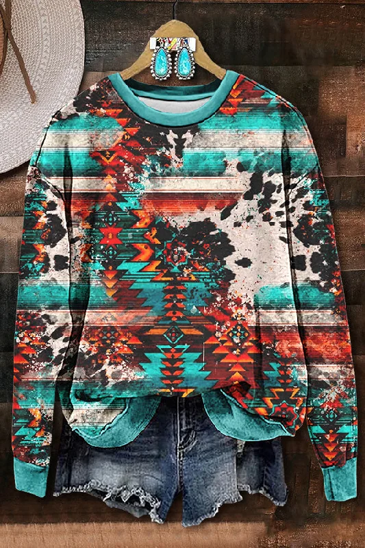 Cow Pattern Aztec Printed Sweatshirt Hoodie with Mesh Breathable Sporty