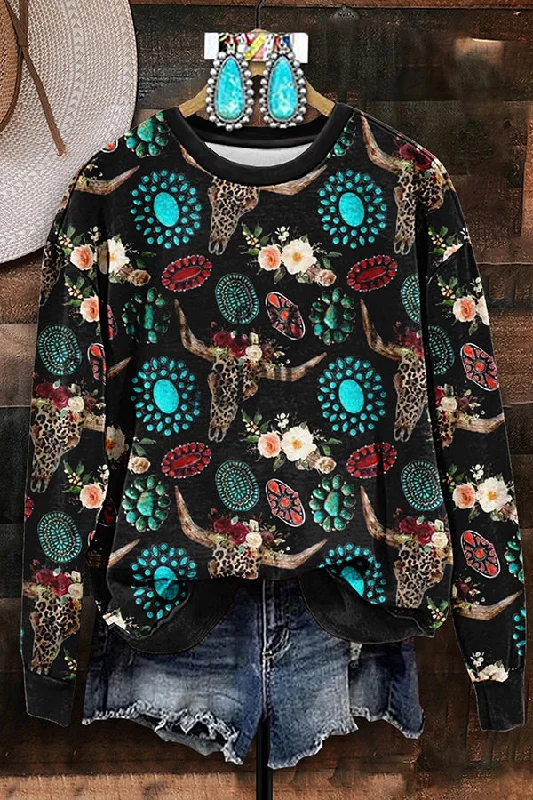 Vintage Bull Head Turquoise Print Sweatshirt Hoodie with Lace Feminine Delicate