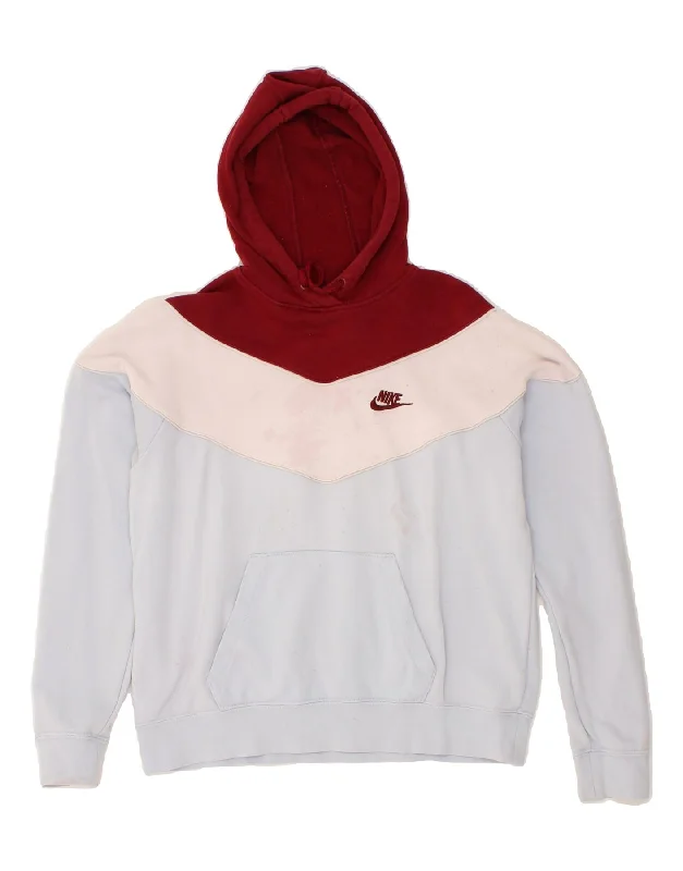 NIKE Womens Hoodie Jumper UK 10 Small Blue Colourblock Cotton Hoodie with Puffed Sleeves Voluminous Trendy NIKE Womens Hoodie Jumper UK 10 Small Blue Colourblock Cotton Hoodie with Puffed Sleeves Voluminous Trendy