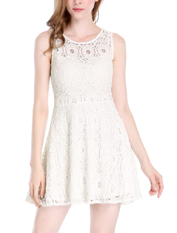 Floral Lace Sleeveless Crew Neck Flare A-Line Mini Dress Modern Satin Mini Dress
