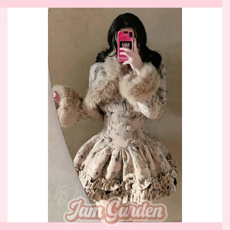 Retro Fashion Fur Collar Spliced Floral Jacket Waist Dress Suit for Women Snapped Jacket Toggled Jacket Drawstring Jacket Retro Fashion Fur Collar Spliced Floral Jacket Waist Dress Suit for Women Snapped Jacket Toggled Jacket Drawstring Jacket