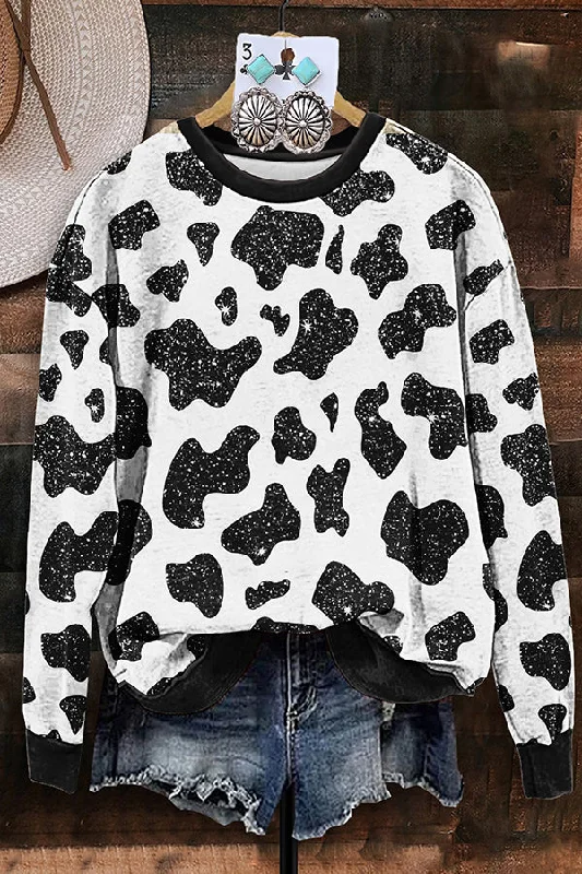 Vintage Western Cow Print Sweatshirt Hoodie with Zipper Versatile Modern