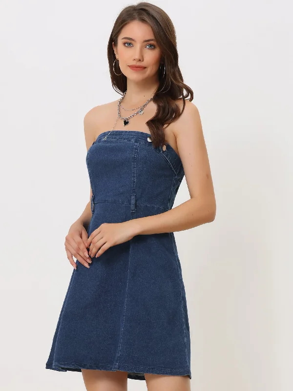 Stylish Stapless Sleeveless Tube Denim Mini Dress Comfortable Casual Mini Dress
