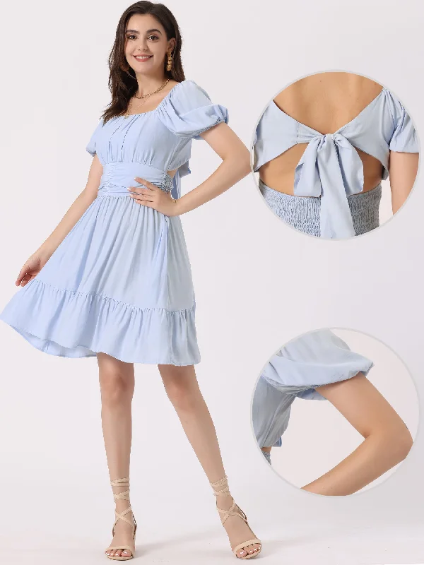 Smocked Summer Casual Bow Tie Back Ruffle A-Line Mini Dress Elegant Floral-Print Mini Dress Smocked Summer Casual Bow Tie Back Ruffle A-Line Mini Dress Elegant Floral-Print Mini Dress