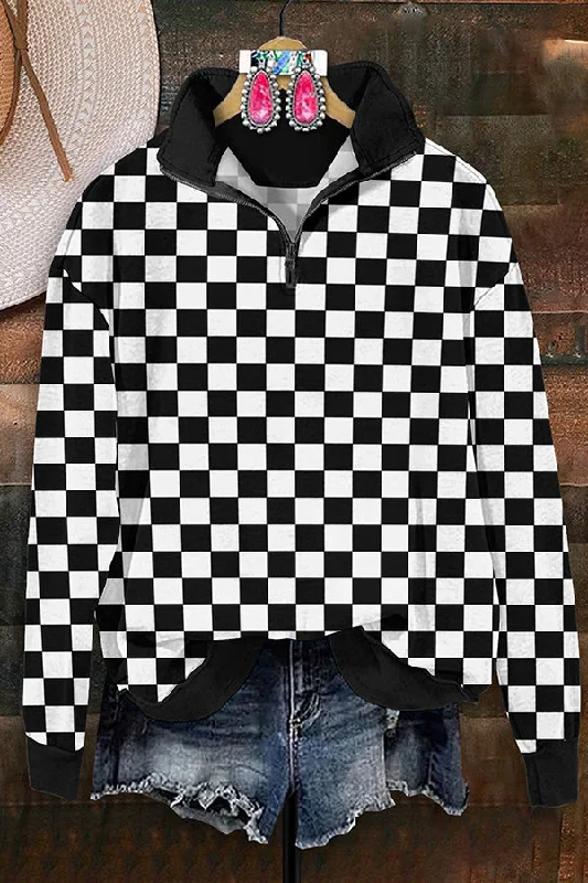 Retro Black and White Checkerboard Print Zip-Up Sweatshirt Oversized Hoodie Comfort Casual Retro Black and White Checkerboard Print Zip-Up Sweatshirt Oversized Hoodie Comfort Casual