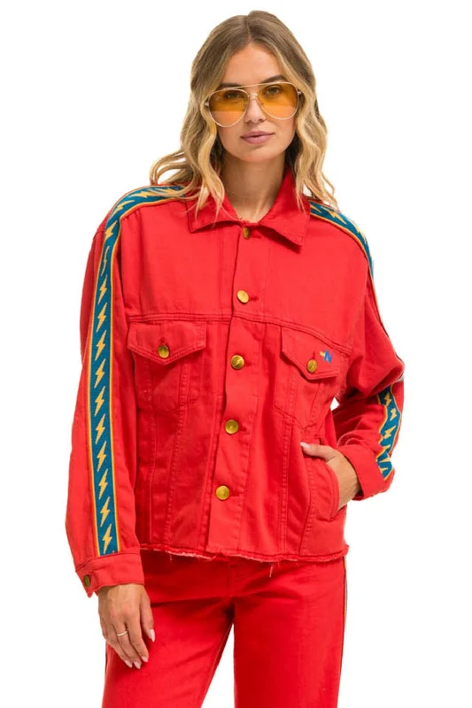 BOLT STRIPE OVERSIZED CUTOFF DENIM JACKET - RED Chenille Fabric Brocade Fabric Lace Fabric BOLT STRIPE OVERSIZED CUTOFF DENIM JACKET - RED Chenille Fabric Brocade Fabric Lace Fabric