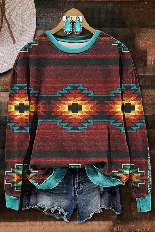 Contrast Color Aztec Printed Sweatshirt Hoodie with Rhinestones Sparkly Elegant