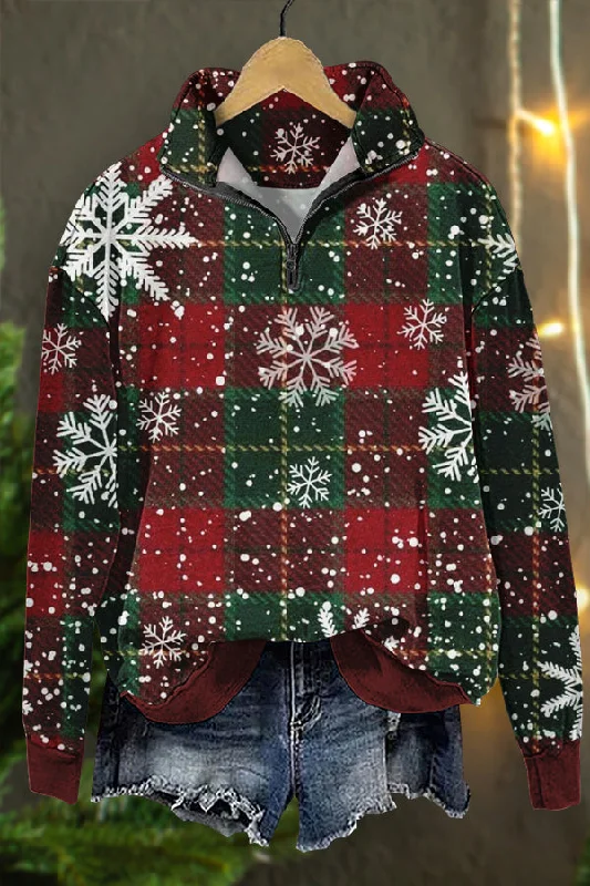 Christmas Snowflake Plaid Print Sweatshirt Hoodie with Mock Neck Collared Structured Christmas Snowflake Plaid Print Sweatshirt Hoodie with Mock Neck Collared Structured