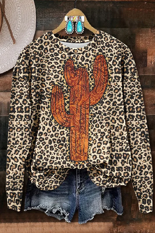 Leopard Print Cactus Print Sweatshirt Hoodie with Drawcord Adjustable Secure