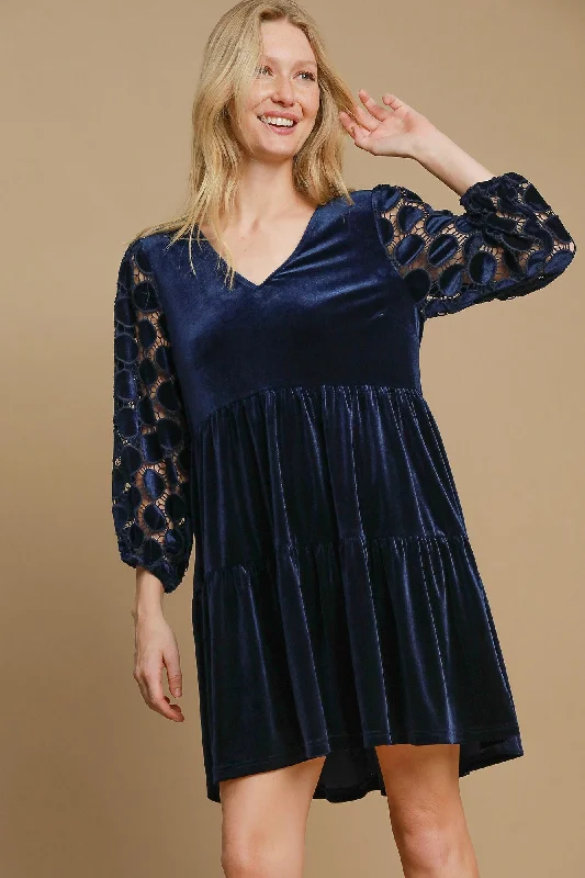 Umgee Dotted Lace Sleeve Tiered Velvet Mini Dress In Navy Elegant Lace-Up Mini Dress Umgee Dotted Lace Sleeve Tiered Velvet Mini Dress In Navy Elegant Lace-Up Mini Dress