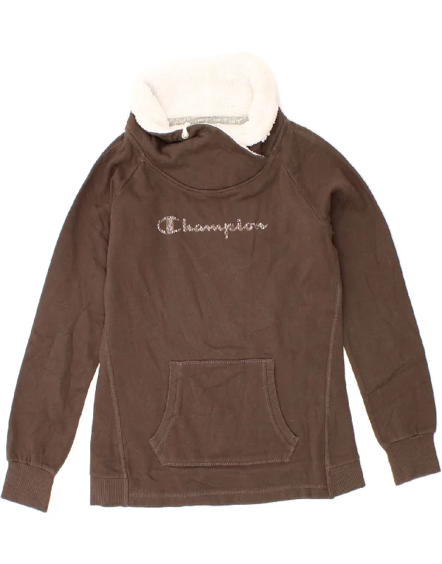 CHAMPION Womens Graphic Roll Neck Sweatshirt Jumper UK 14 Medium Brown Hoodie with Snap Buttons Easy Quick CHAMPION Womens Graphic Roll Neck Sweatshirt Jumper UK 14 Medium Brown Hoodie with Snap Buttons Easy Quick