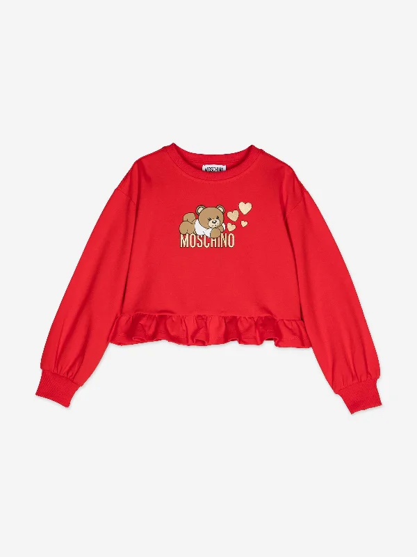Moschino Girls Teddy Bear Logo Sweatshirt in Red Hoodie with Reflective Safety Nightwear Moschino Girls Teddy Bear Logo Sweatshirt in Red Hoodie with Reflective Safety Nightwear