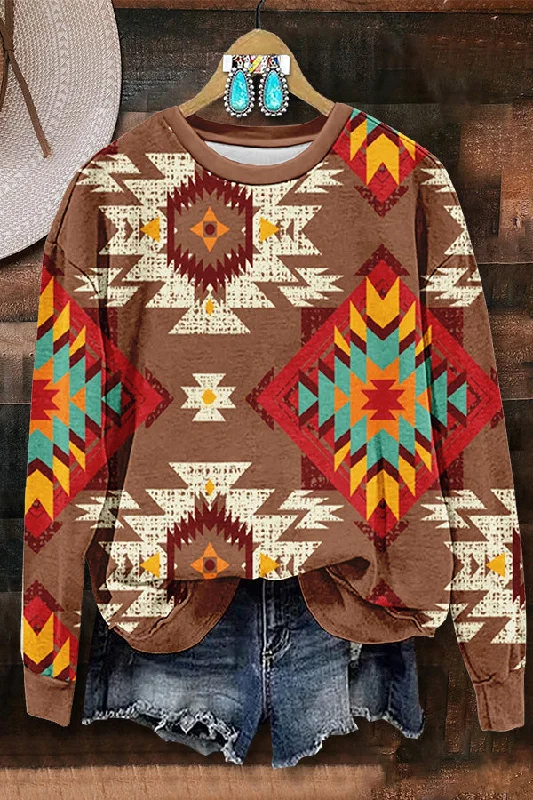 Casual Aztec Printed Sweatshirt Hoodie with Ribbed Hem Stretchable Secure