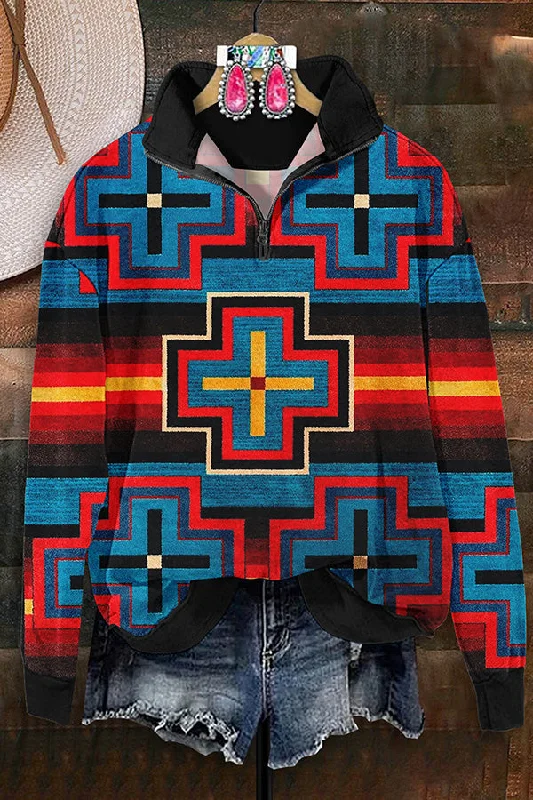 Retro Western Aztec Print Zip-Up Sweatshirt Hoodie with Bell Sleeves Flared Feminine Retro Western Aztec Print Zip-Up Sweatshirt Hoodie with Bell Sleeves Flared Feminine