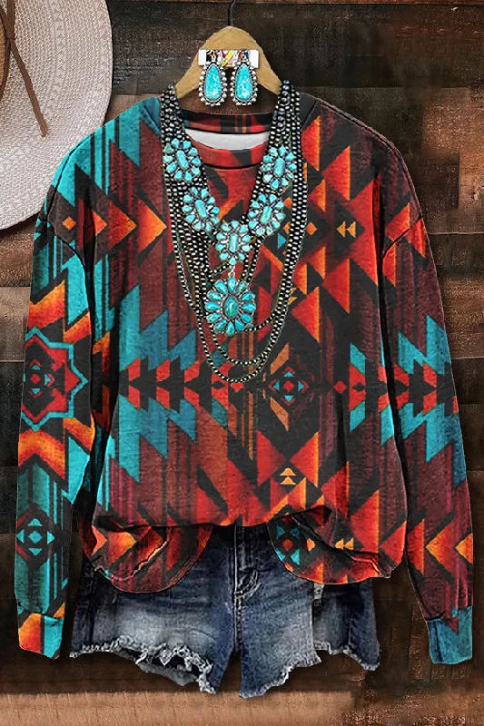 Contrast Color Aztec Printed Sweatshirt Hoodie with Earth Tones Natural Calm