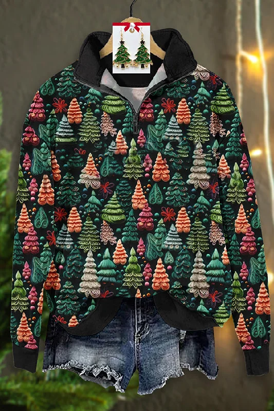 Vintage Christmas Tree Print Zip-Up Sweatshirt Hoodie with Strings Custom Fit Adjustable Vintage Christmas Tree Print Zip-Up Sweatshirt Hoodie with Strings Custom Fit Adjustable