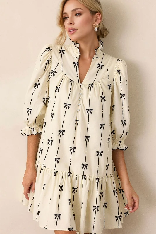 Oh Full Size Frill Bow Print Half Sleeve Mini Dress Trendy Off-Shoulder Dress Mini