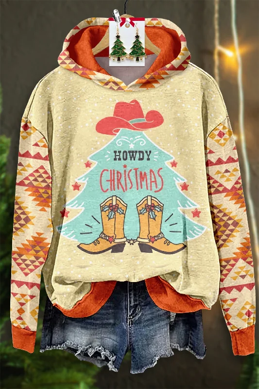 Cowboy Christmas Pattern Hooded Sweatshirt Hoodie with Hem Drawcord Adjustable Customizable Cowboy Christmas Pattern Hooded Sweatshirt Hoodie with Hem Drawcord Adjustable Customizable