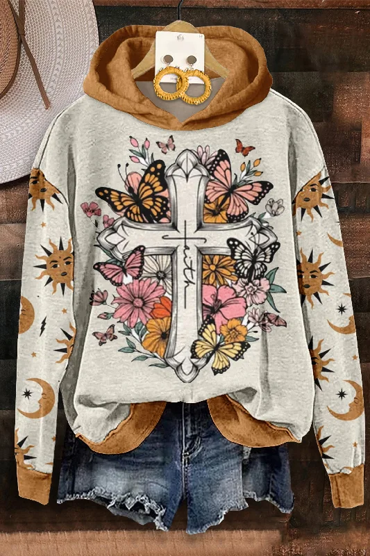 Mystical Cross Butterfly Print Hooded Sweatshirt Hoodie with Exposed Zipper Edgy Industrial Mystical Cross Butterfly Print Hooded Sweatshirt Hoodie with Exposed Zipper Edgy Industrial