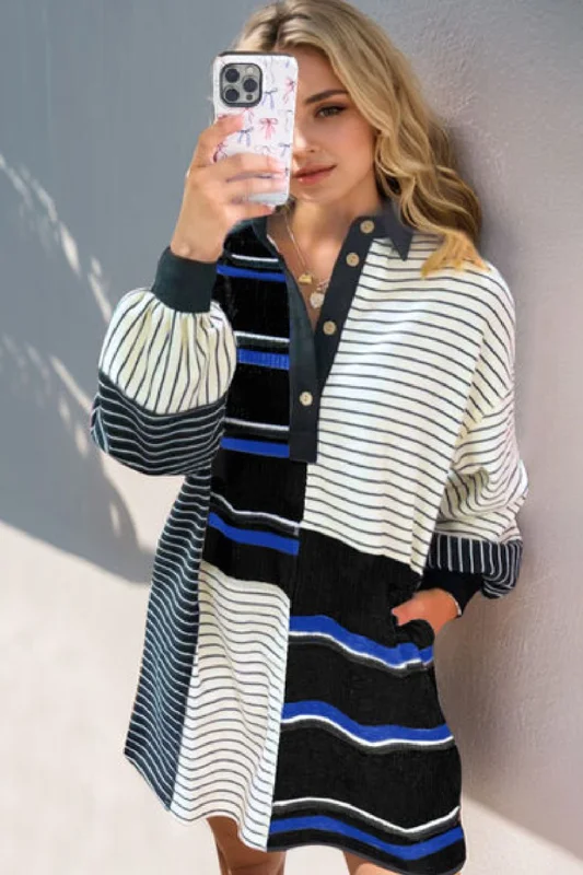 Oh Striped Half Button Long Sleeve Mini Dress Comfortable Shift Mini Dress