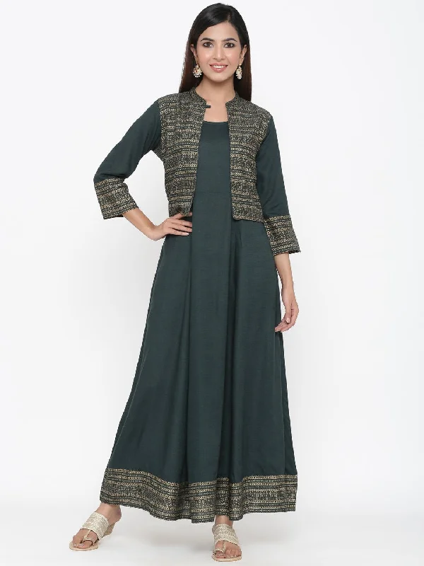 Women's Dark Green Anarkali Kurta with Jacket set by Kipek- (2pcs set) Print Jacket Jacquard Jacket Embroidered Jacket