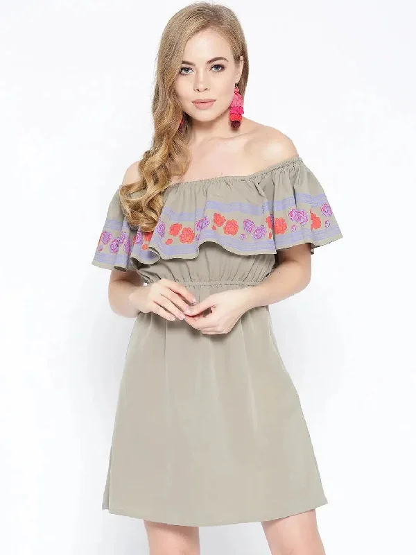 Off shoulder mini dress with print on the frill in Taupe Color Fashionable Party Mini Dress Off shoulder mini dress with print on the frill in Taupe Color Fashionable Party Mini Dress