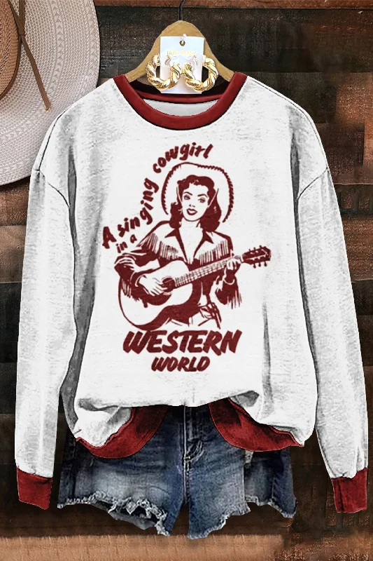 Retro Style Singing Cowgirl Hooded Sweatshirt Hoodie with Elastic Waist Stretchable Comfortable Retro Style Singing Cowgirl Hooded Sweatshirt Hoodie with Elastic Waist Stretchable Comfortable