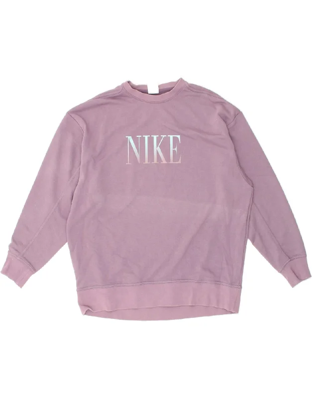 NIKE Womens Oversized Graphic Sweatshirt Jumper UK 14 Medium Purple Cotton Hoodie with Hem Frayed Vintage Worn NIKE Womens Oversized Graphic Sweatshirt Jumper UK 14 Medium Purple Cotton Hoodie with Hem Frayed Vintage Worn