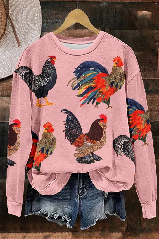 Chic Country Rooster Print Sweatshirt Hoodie with Illustration Artistic Creative