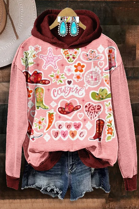 Western Boots Print Cowgirl Long Sleeve Sweatshirt Hoodie with Lining Warm Insulated Western Boots Print Cowgirl Long Sleeve Sweatshirt Hoodie with Lining Warm Insulated