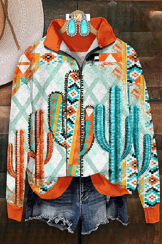 Retro Western Aztec Cactus Print Zip-Up Sweatshirt Hoodie with Hem Contrast Bold Stylish Retro Western Aztec Cactus Print Zip-Up Sweatshirt Hoodie with Hem Contrast Bold Stylish