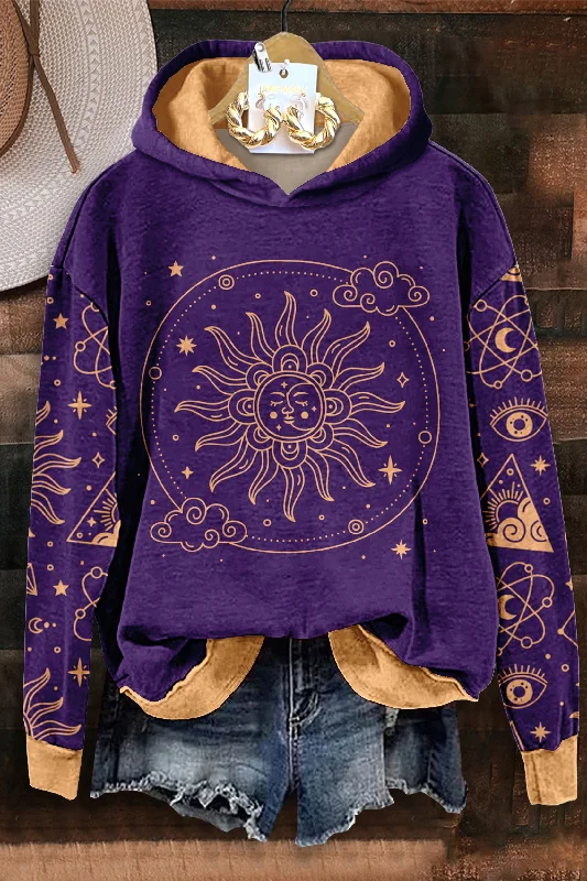 Mystical Celestial Pattern Hooded Sweatshirt Hoodie with Hem Applique Textured Unique Mystical Celestial Pattern Hooded Sweatshirt Hoodie with Hem Applique Textured Unique